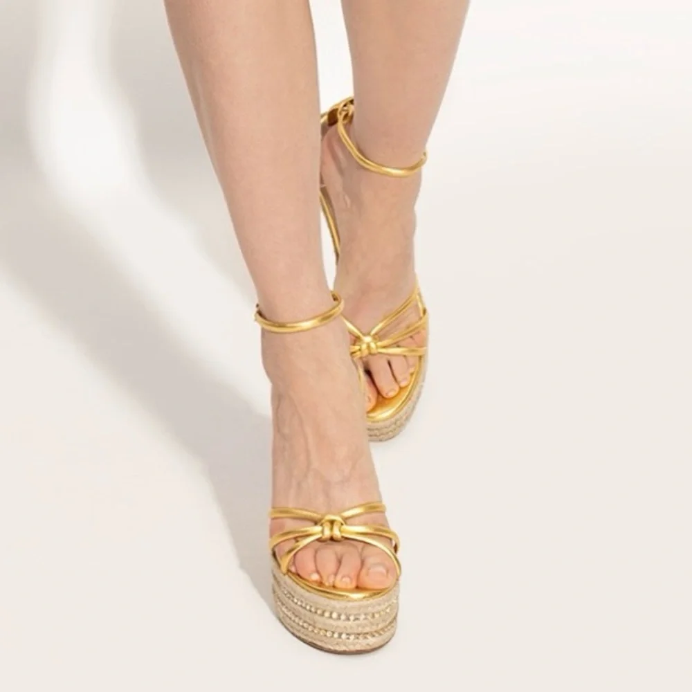 NWB Sophia Webster Alina Gold Espadrille Open Wedge Platform Heel Shoes Crystal - Picture 3 of 10